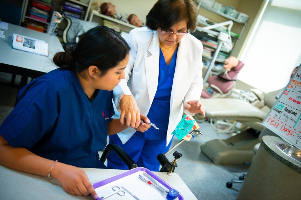 Veterinary assistant student practicing in an animal care training setting