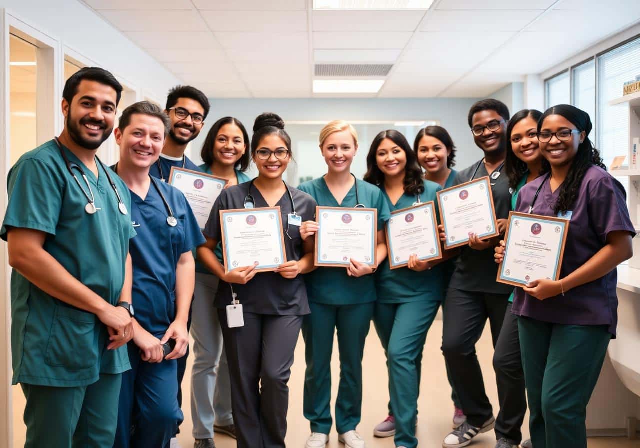 ACHT Medical Billing and Coding graduates holding certificates in a healthcare clinic