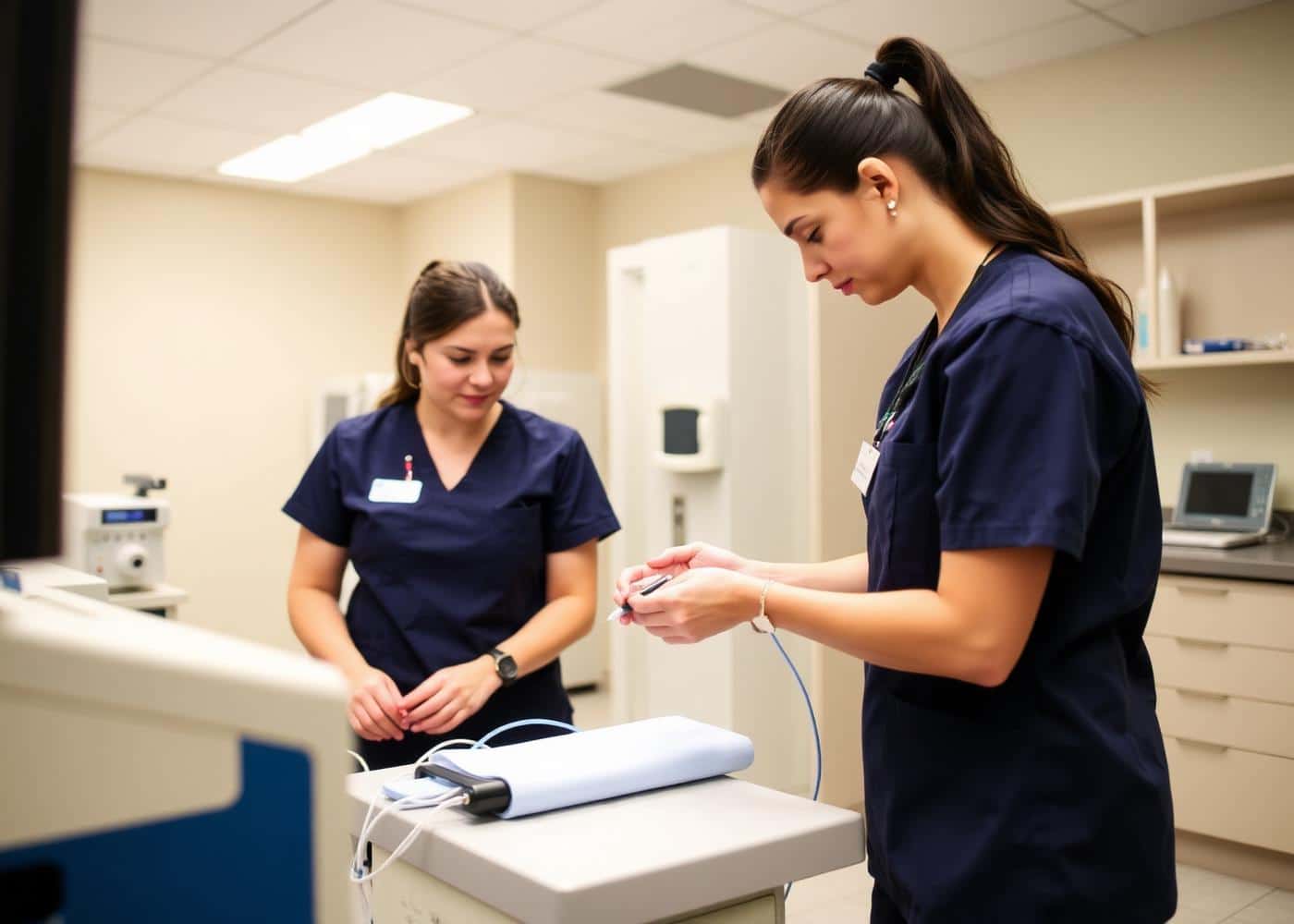 Medical assistant students practicing clinical skills in a campus lab